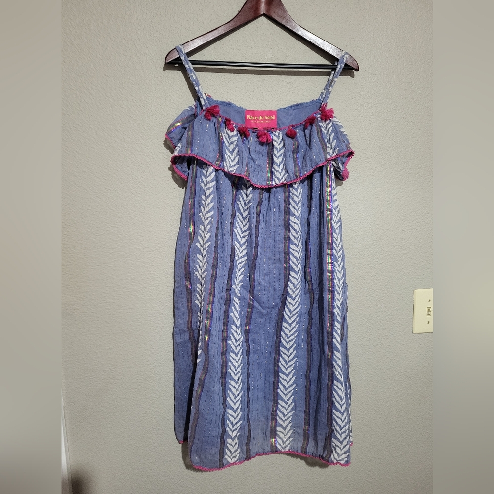 Place Du Soleil Blue Lotus Multi Stripe Dress Medium